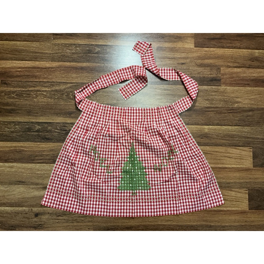 Vtg Handmade Half Apron Red White Gingham Cross Stitch Christmas Tree NOEL